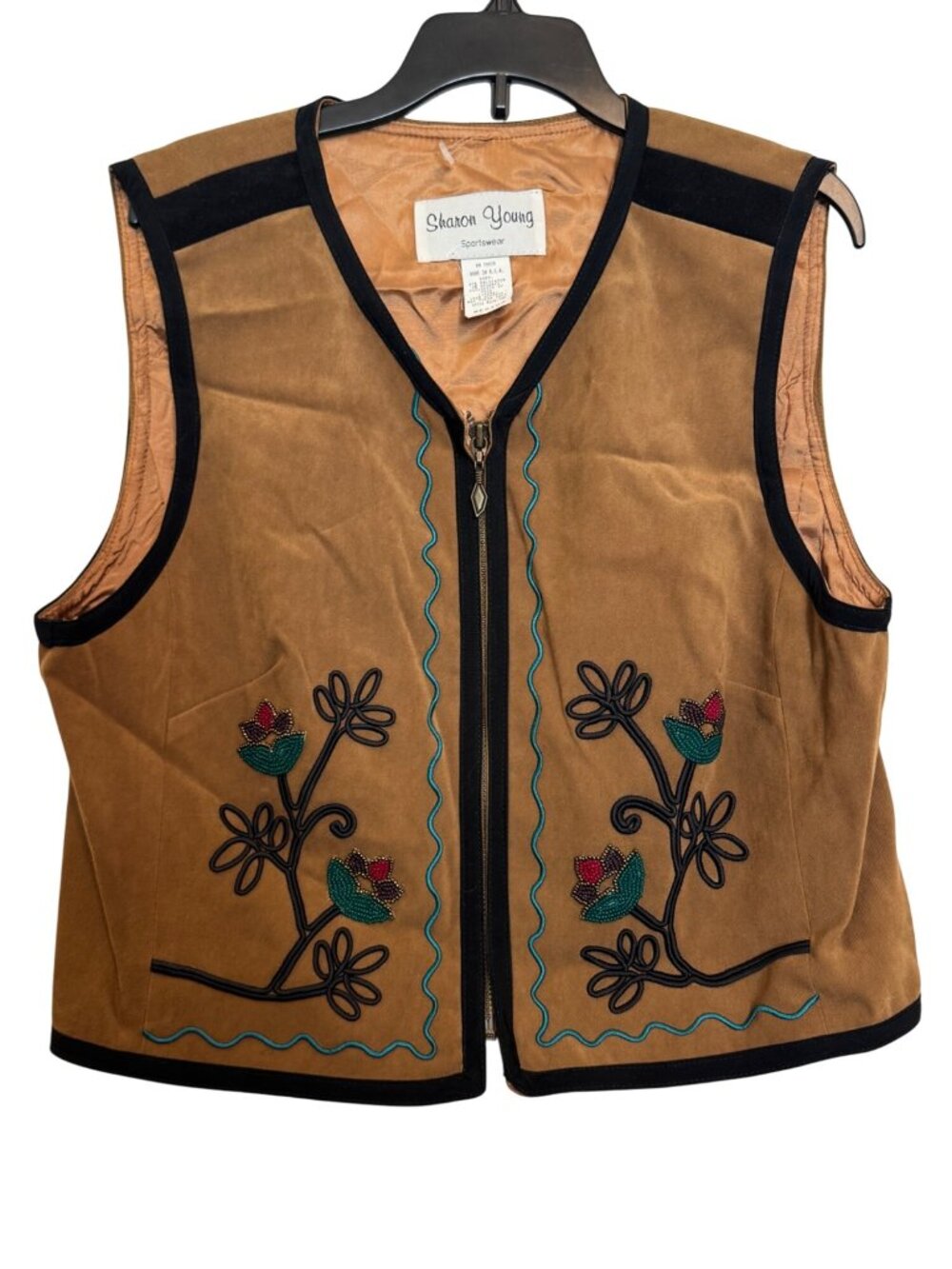 Vintage Sharon Young Embroidered Floral Brown Vest Size M Polyester & Spandex